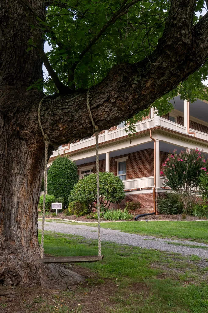 A rope swing hanging from the great oak by the drive, with the brick mansion and its porches beyond.