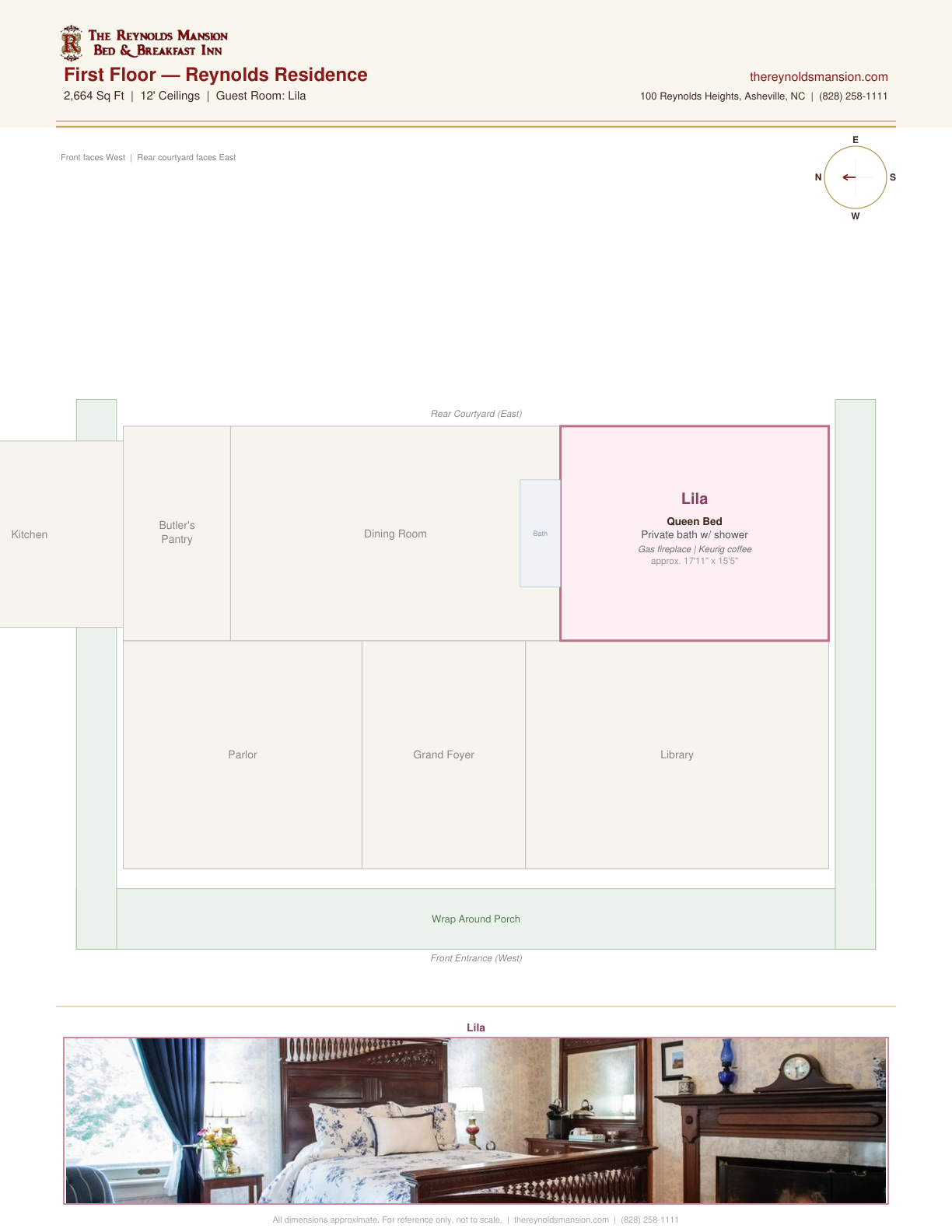 Reynolds Mansion first floor plan — Lila guest room, parlor, grand dining room, library, and wrap-around porch