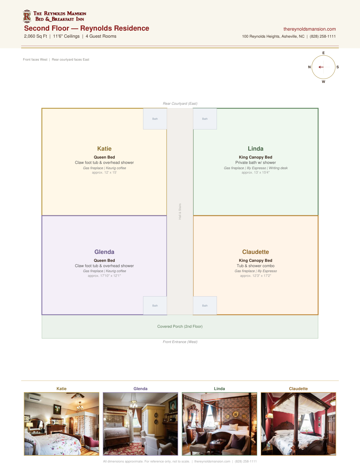 Reynolds Mansion second floor plan — Linda, Katie, Glenda, and Claudette guest rooms with covered porch