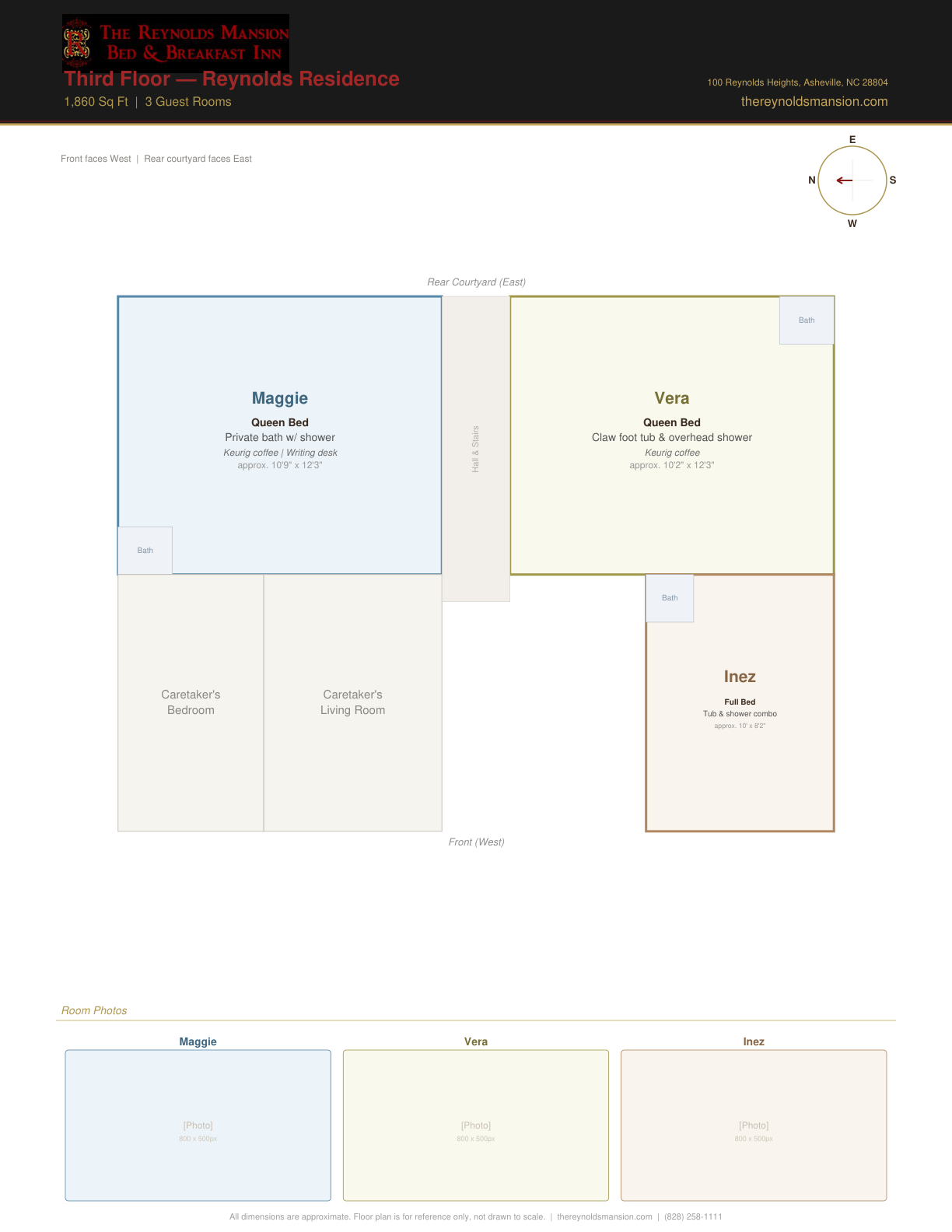 Reynolds Mansion third floor plan — Vera, Maggie, and Inez guest rooms