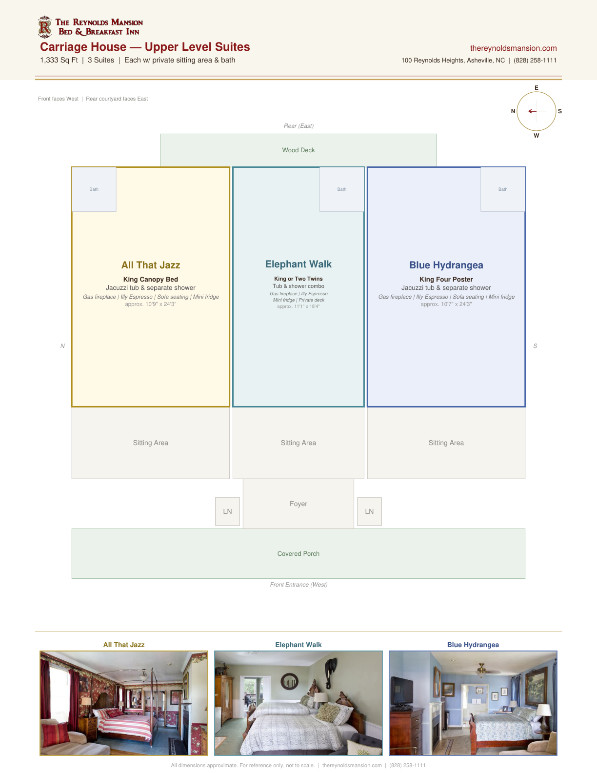 Carriage House upper level floor plan — All That Jazz, Elephant Walk, and Blue Hydrangea suites