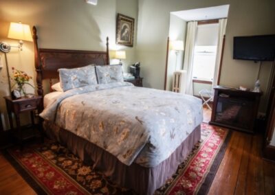 A bedroom with a large bed and a tv.