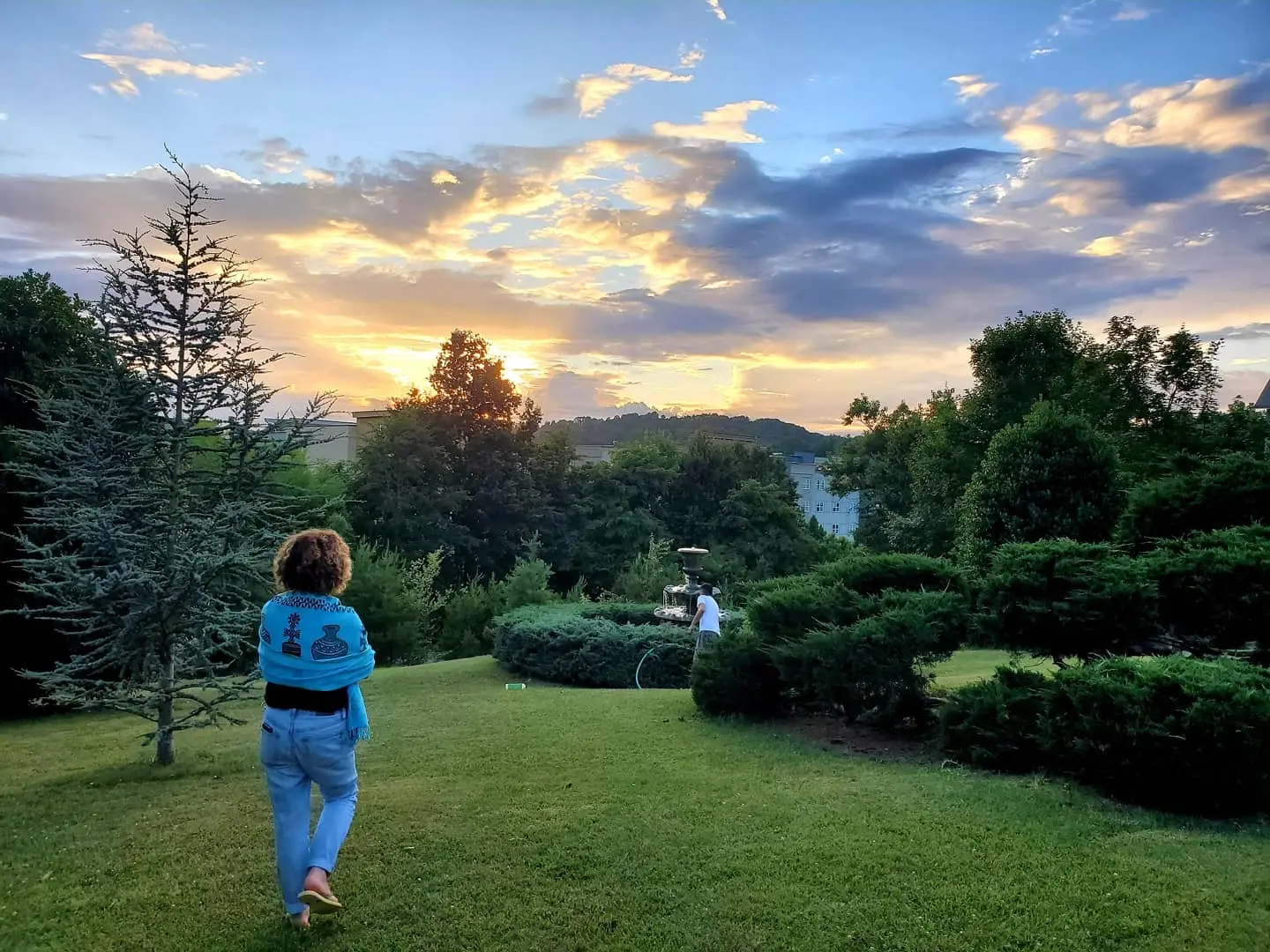 Sunset in a garden with trees and a fountain.